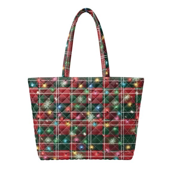 Jeiento Christmas Plaid Padded Tote Bag for Women Large Capacity Handle Shoulder Purse with Zipper Closure for Holiday Shopping, Work Commute, Travel, Winter Christmas Gift