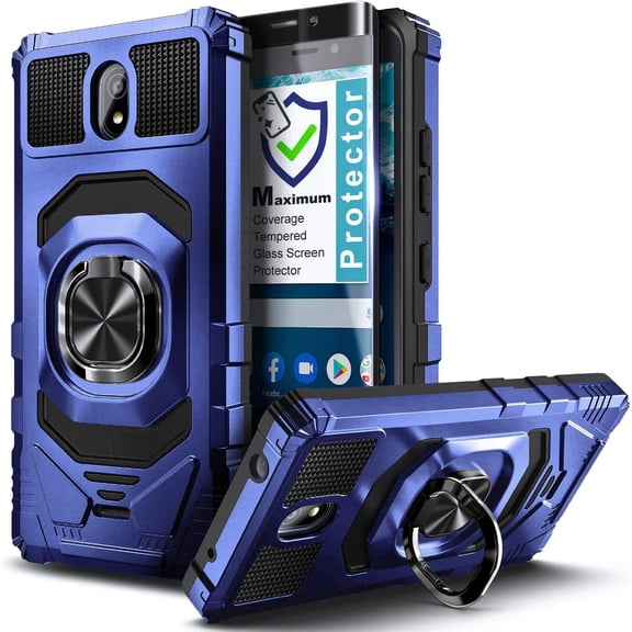 Nagebee Phone Case Compatible for Nokia C100 with Tempered Glass Screen Protector (Full Coverage), Full-Body Protective Armor [Military-Grade], Magnetic Car Mount Ring Holder Heavy-Duty (Blue)