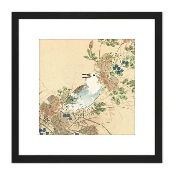 Kono Bairei Songbird Between Autumn Grasses Drawing 8X8 Inch Square Wooden Framed Wall Art Print Picture with Mount