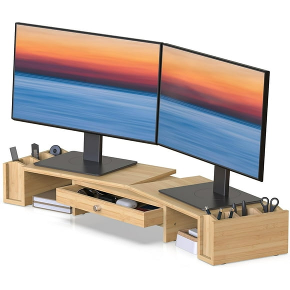 UTAH-Large Dual Monitor Stand Riser with Drawer and Pen Holder, Desktop Organizer with Adjustable Length and Angle, Bamboo