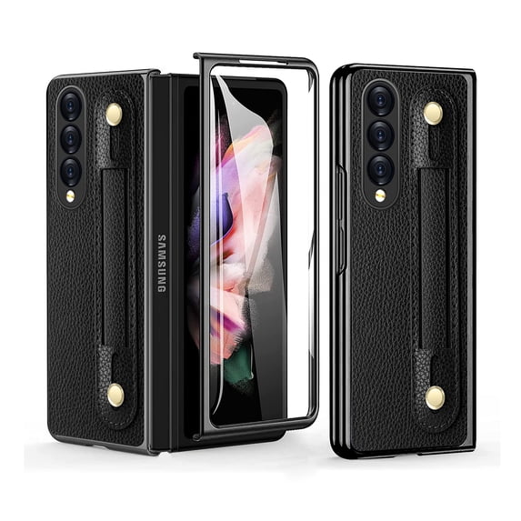 SaniMore for Samsung Galaxy Z Fold 3 7.6" Folding Case with Tempered Glass Screen, PU Leather Case for with Retractable Wristband & Anti-Slip Sticker Full Body Protective, Black
