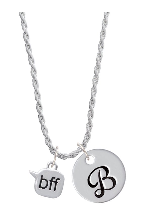 Silvertone Text Chat - bff - Best Friends Forever - Silvertone Script Initial Disc - B - Charm Necklace, 20"+3"