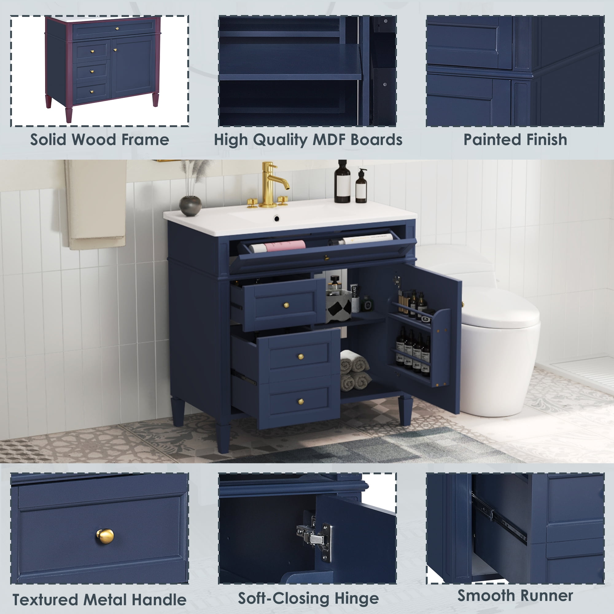 Euroco Freestanding Bathroom Vanity with Drawers and Cabinet Door Organizer, Modern Sink Cabinet, Easy Assembly