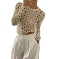 thumbnail image 3 of Women'S Round Neck Polka Dot Perspective Mesh Slim Fit Long Sleeve Shirt off white S, 3 of 9