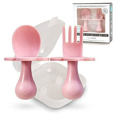 UPC: 0752830327108 | Grabease Baby and Toddler Self-Feeding Utensils – Spoon and Fork Set for Baby-Led Weaning – Made of Non-Toxic Plastic – Featuring Protective Barriers to Prevent Choking and Gagging