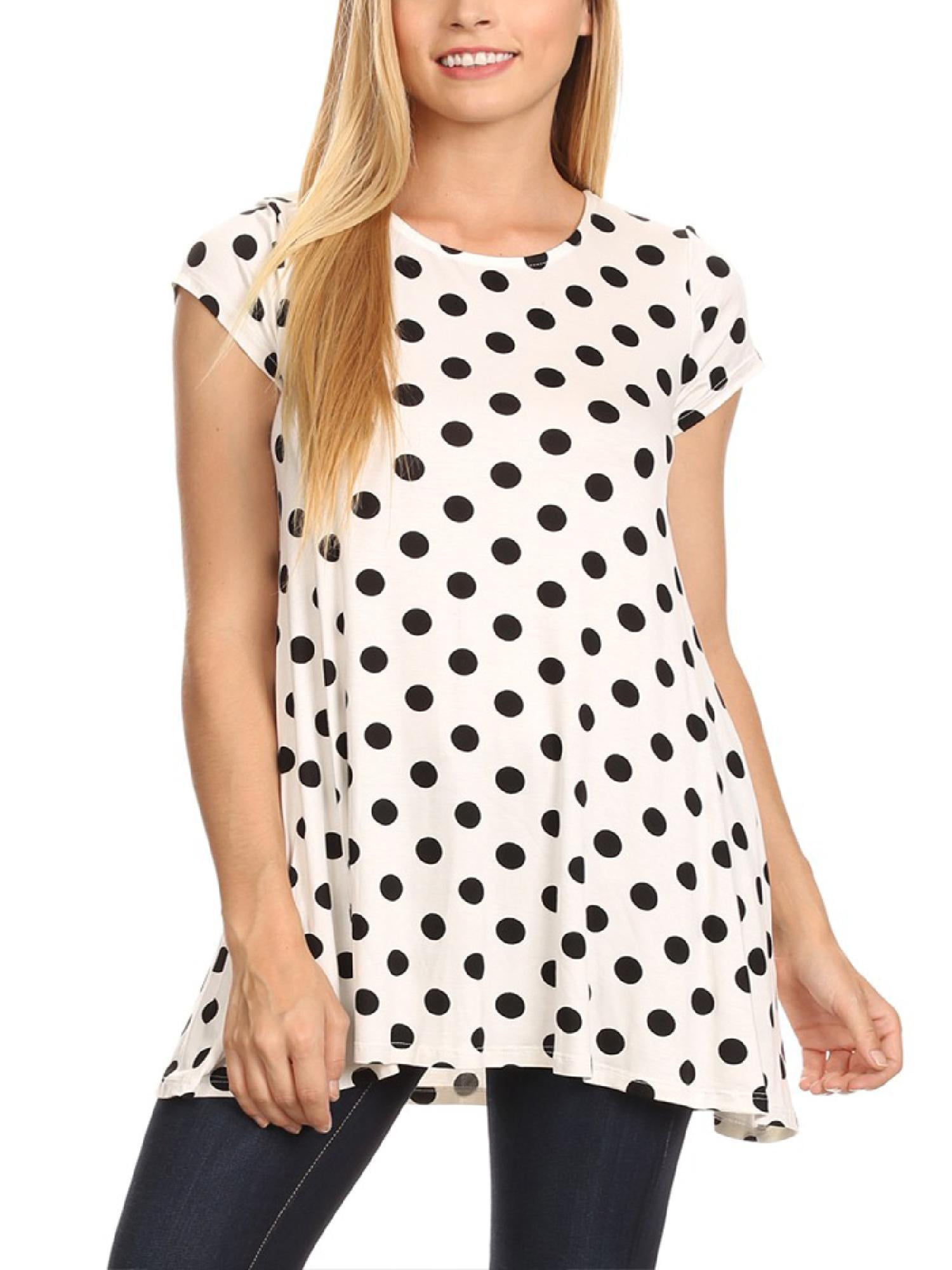 Womens Relaxed Fit Short Sleeve Polka Dot Round Neck Casual Pockets Blouse Tee Top
