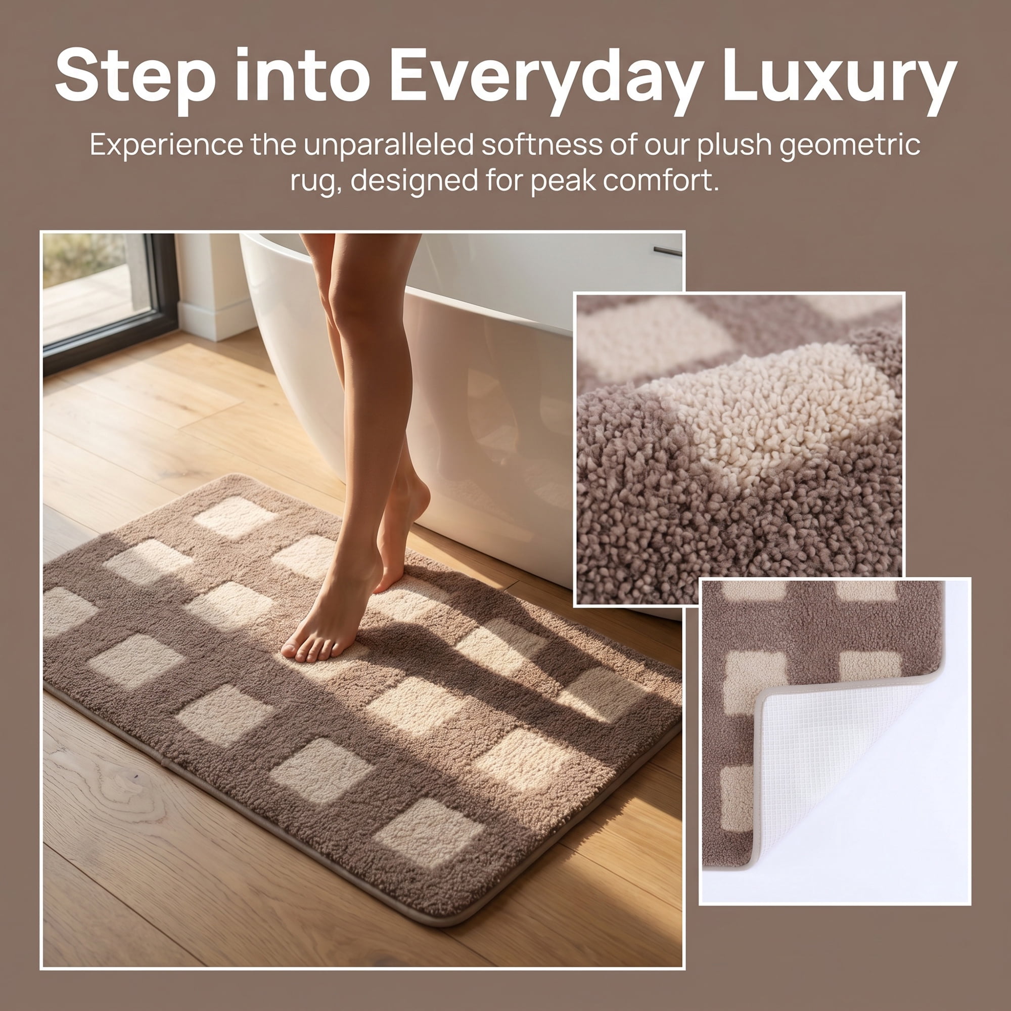 Unique Bargains Absorbent Non Slip Checkered Soft Plush Quick Dry Bath Mat Brown 24" x 16"