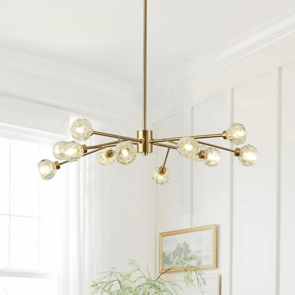 Minimalist Brushed Gold Pendant Light, Modern 12-Light Crystal Chandelier for Living Room Bedroom Dining Room Kitchen