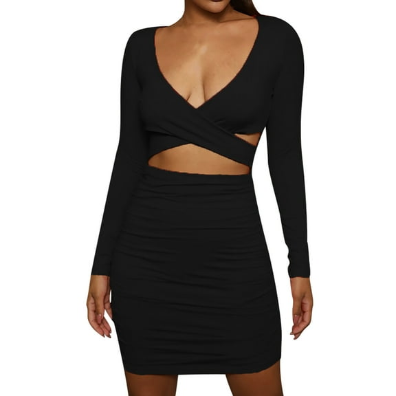 IROINNID Women's Long Sleeve Bodycon Dress V-Neck Slim Hollowing Package Hip Camisole Dress Strapless Dress