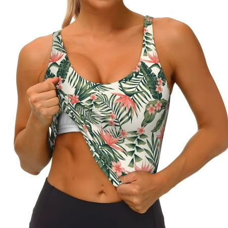 Qokaie Palm Trees and Tropical Pattern Womens Scoop Neck Sports Bra Breathable Workout Vest Padded U Back Medium Impact Fitness Gym Yoga Bra Workout Crop Top