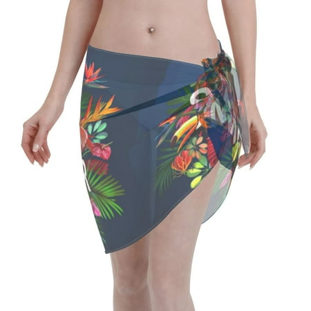 Disketp Summer Birds And Flowers Women Swimsuit Cover Up Short Chiffon Summer Beach Sarong Bikini Wrap Skirt Bathing Suit