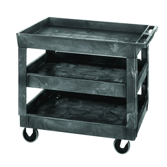 Utility Cart, (3) shelves, 550 lb. capacity, push handle, (4) 5" casters: (2) rigid and (2) swivel, polymer, gray, shipped KD