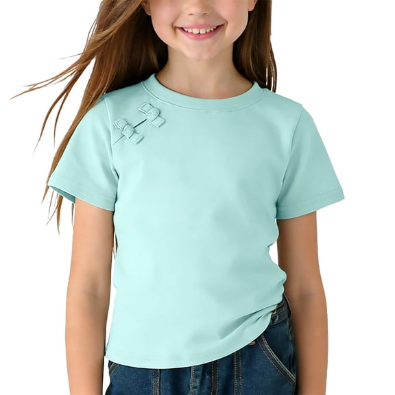 Einccm Girls Short Sleeve T-Shirts - Solid Color Round Neck Tops with Bow Accent, Soft Breathable Fabric for Comfortable Daily Wear, 5 Color Options for Toddler Kids Girls Ages 1 to 10 Years