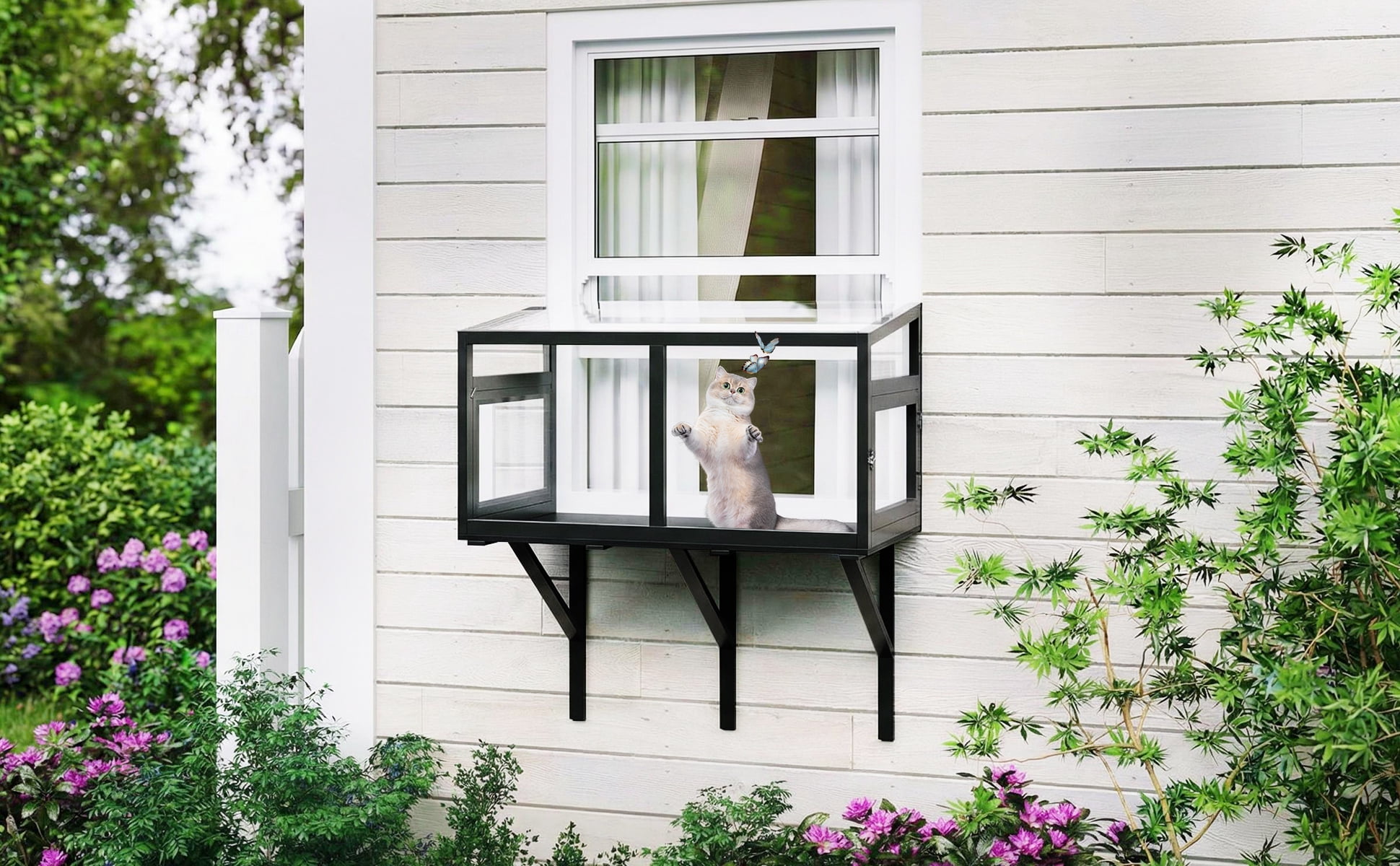 Weatherproof Cat Window Box Enclosure for Indoor Cats, Clear View Outdoor Cat House, Sturdy Wooden Window Perch for Sunbathing & Birdwatching, Fits 24"-38" Windows, Black