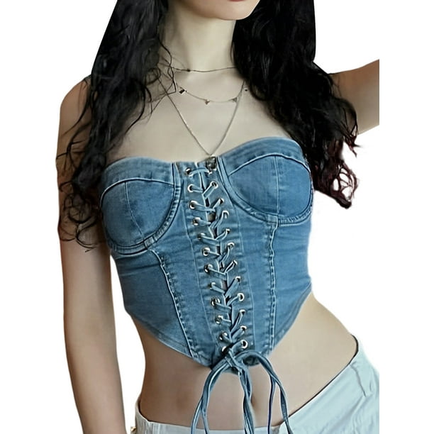 Pisexur Women's Sexy Sleeveless Denim Corset Tube Top Off Shoulder Lace Up  Bustier Jean Camisole Shapewear