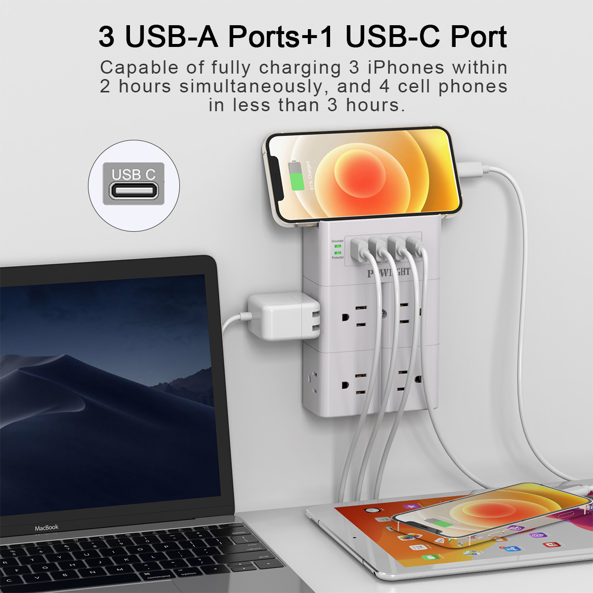 Powlight 8-Outlet Wall-Mount Surge Protector with USB Charging photo 2