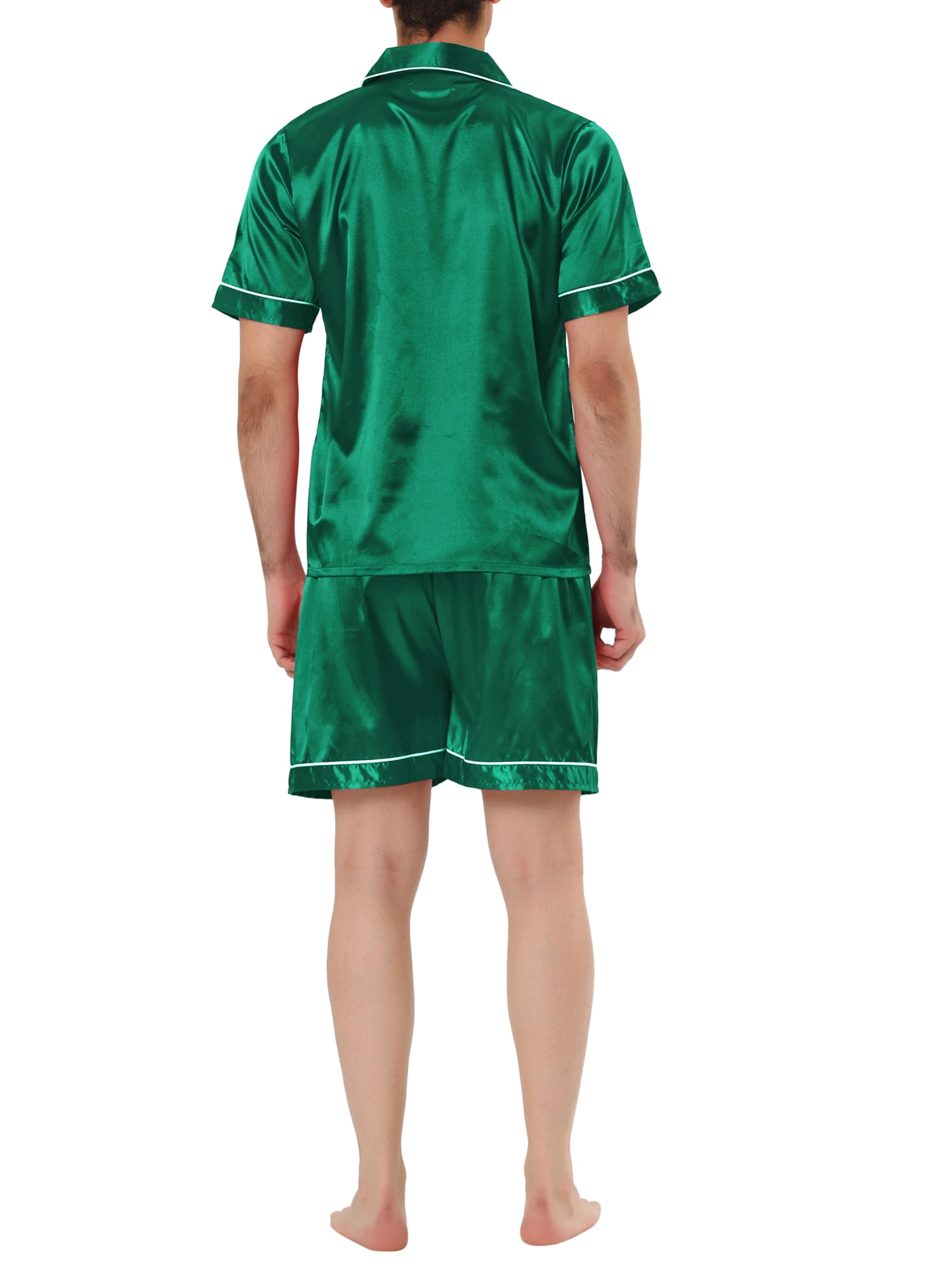 Unique Bargains Men's Sleepwear Short Sleeve Top and Pants Satin Pajama Set L Green