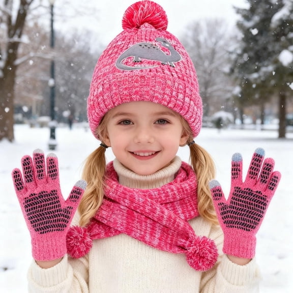 Little Girl Winter Hat Scarf Glove Set, Knitted Lined Beanies Cap for 2-8 Years Boys and Girls