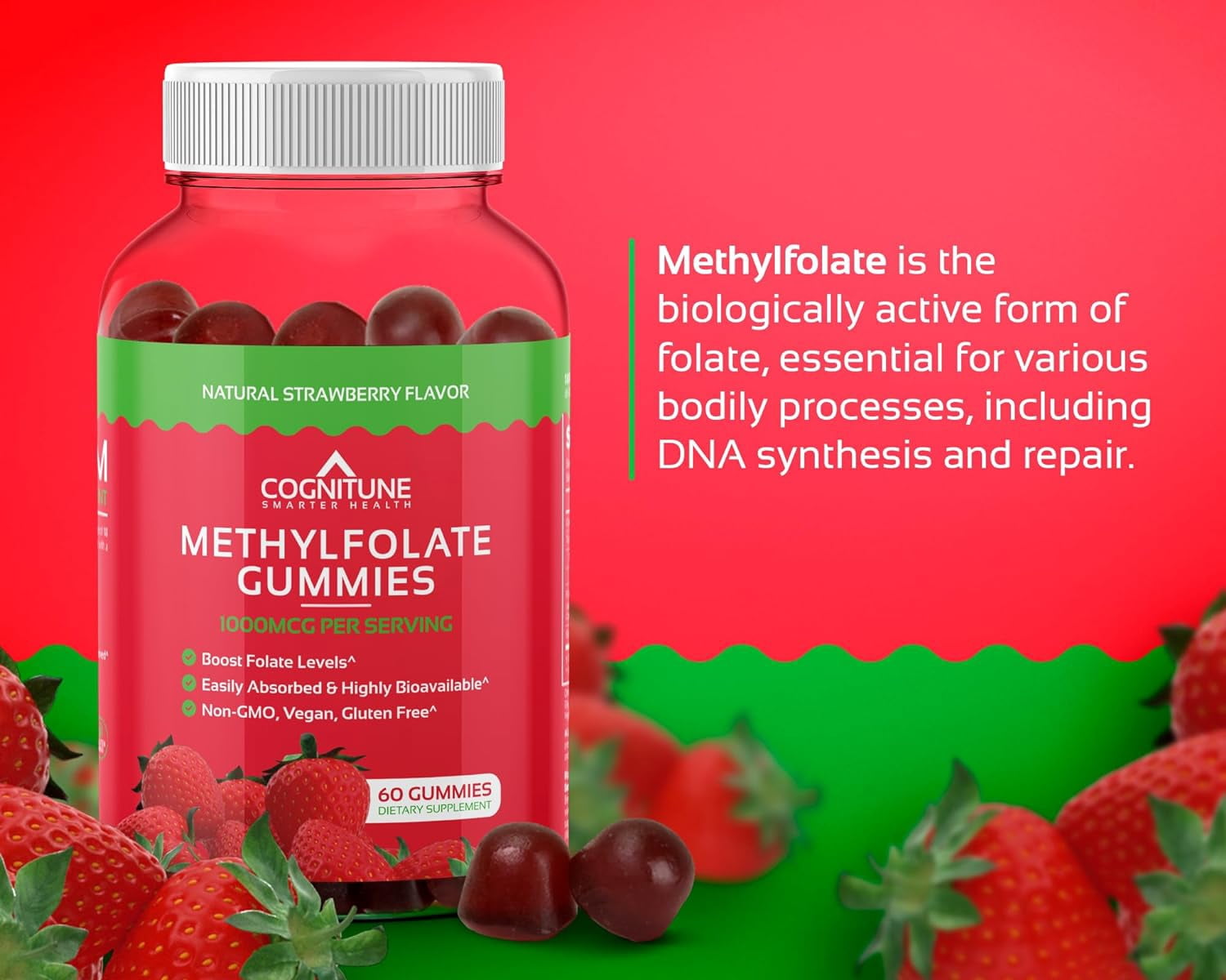 Cognitune Methylfolate Gummies, Brain, Heart, and Immune Support, Strawberry Flavor, Non-GMO, Vegan, Gluten-Free