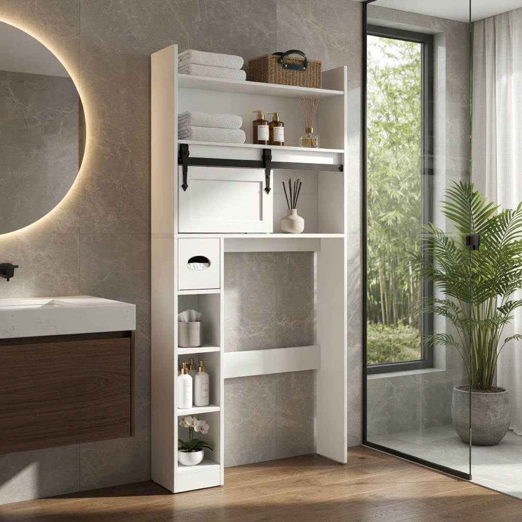 Hommoo Over-the-Toilet Storage Cabinet with Sliding Barn Door, Adjustable Shelves & Toilet Paper Holder, White