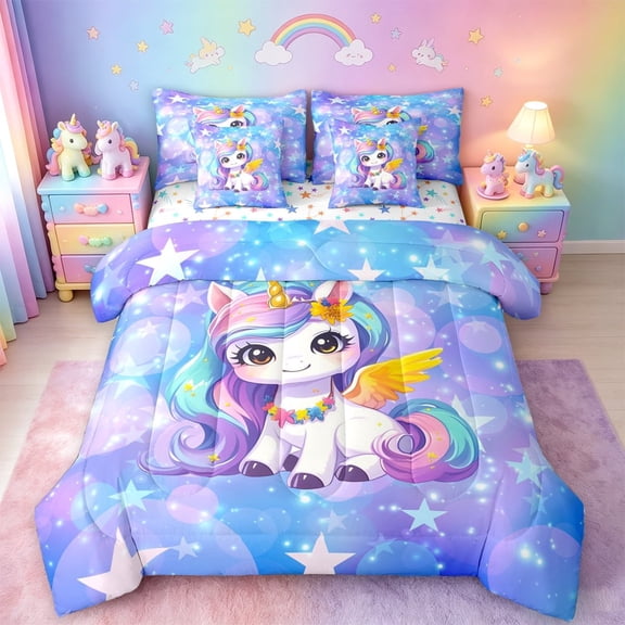 meiyoeat Kawaii Rainbow Unicorn 7 Pieces Full Size Bedding Sets For Girls,Colorful Cute Stars Print Full Size Bed in a Bag For Kids,Colorful Stars Reversible