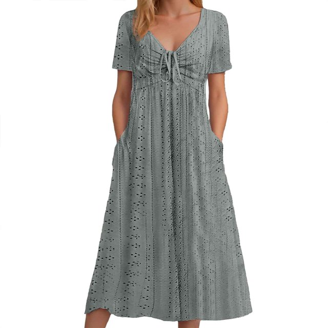 Vestido largo liso con cuello en V y volantes de encaje para mujer - Poliéster elástico, elegante/casual, lavable a máquina, para la noche/cócteles