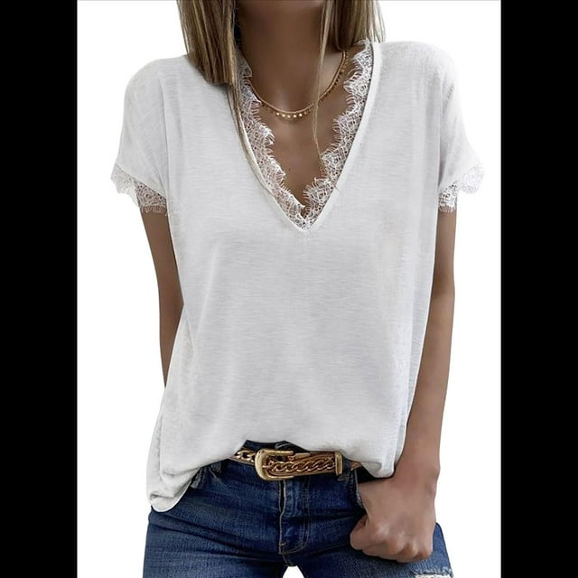 Blusas de Verano con Ribete de Encaje para Mujer, Cuello en V, Corta, Blusas, Camisetas Básicas Informales, Blancas, Talla L