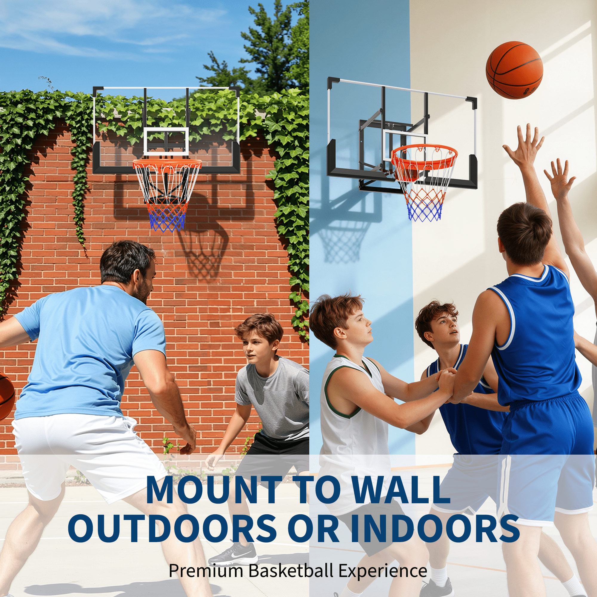 48'' Wall Mounted Basketball Hoop with Shatterproof Backboard, Basketball Portable Hoop & Goal, Indoor & Outdoor with Adjustable Height, Classic Basketball Court, Teens, Adults, Schools, Parks, Garag