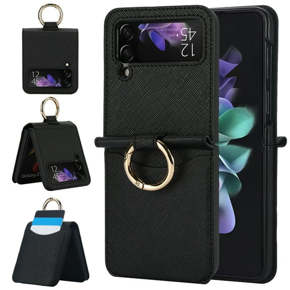 ELEHOLD for Samsung Galaxy Z Flip 3 Wallet Case,Anti-slip Cross Textured PU leather Card Holder Metal Ring Slim Shockproof Protective Cover for Women Men for Samsung Galaxy Z Flip 3,Black