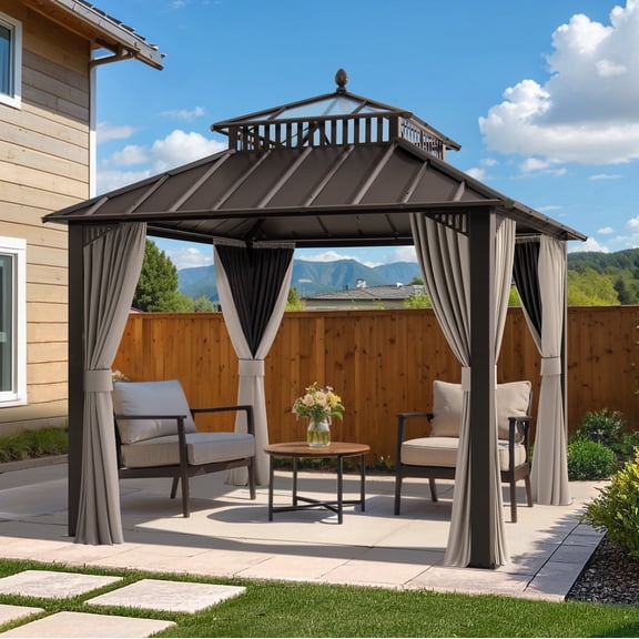 SUNJOY Kingston 10x10 Gazebo|Steel & PC Roof Hardtop Gazebo with Curtain and Netting - Brown Aluminum Posts