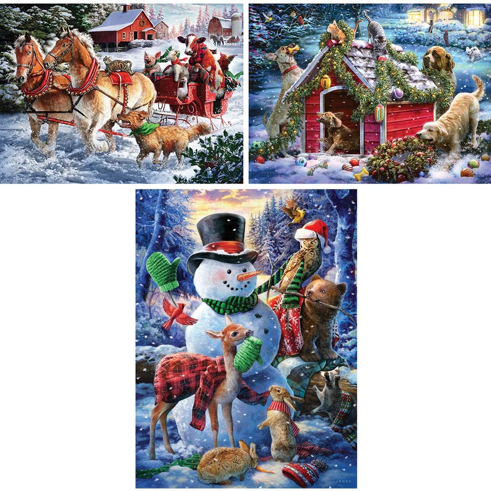"Bits And Pieces - Larry Jones Winter Holiday - Set of Three 1000-Piece Jigsaw Puzzles - 20\"" X 27\"""