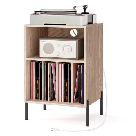 Giantex Record Player Stand, Turntable Side Table Nightstand w/Charging Station & Vinyl Record, Storage Cabinet, Natural