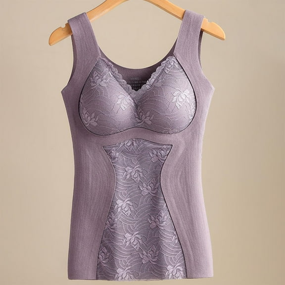 Sleeveless Thermal Fleece Tank Top for Women V Neck Lace Camisole Warm Base Layer Cami Vest Underwear Tops Purple L