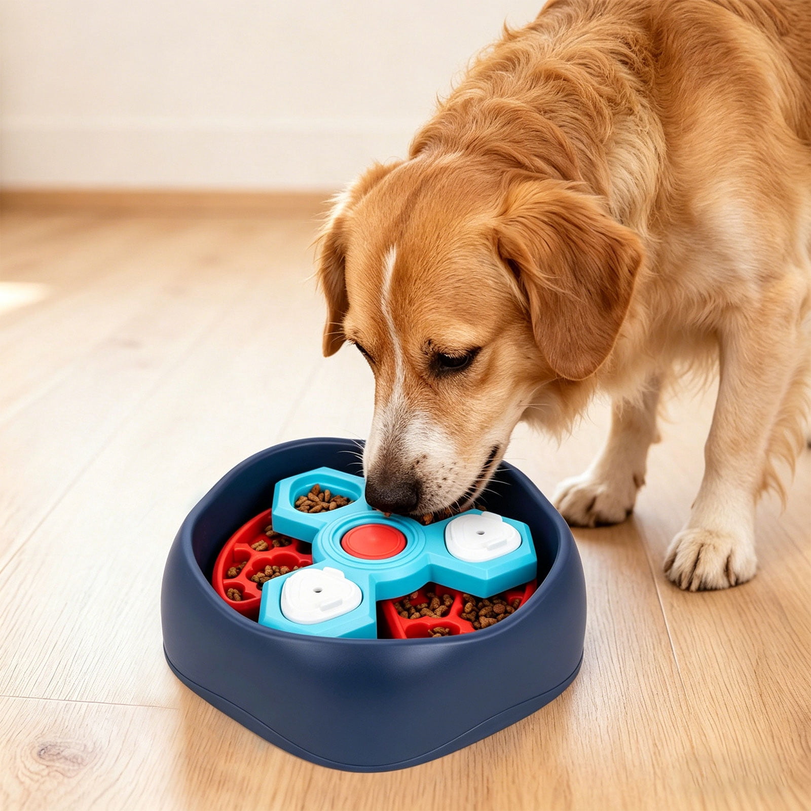 Large Capacity Slow Feed Dog Bowl With 3 Compartment Revolving Sections To Control Eating Speed
