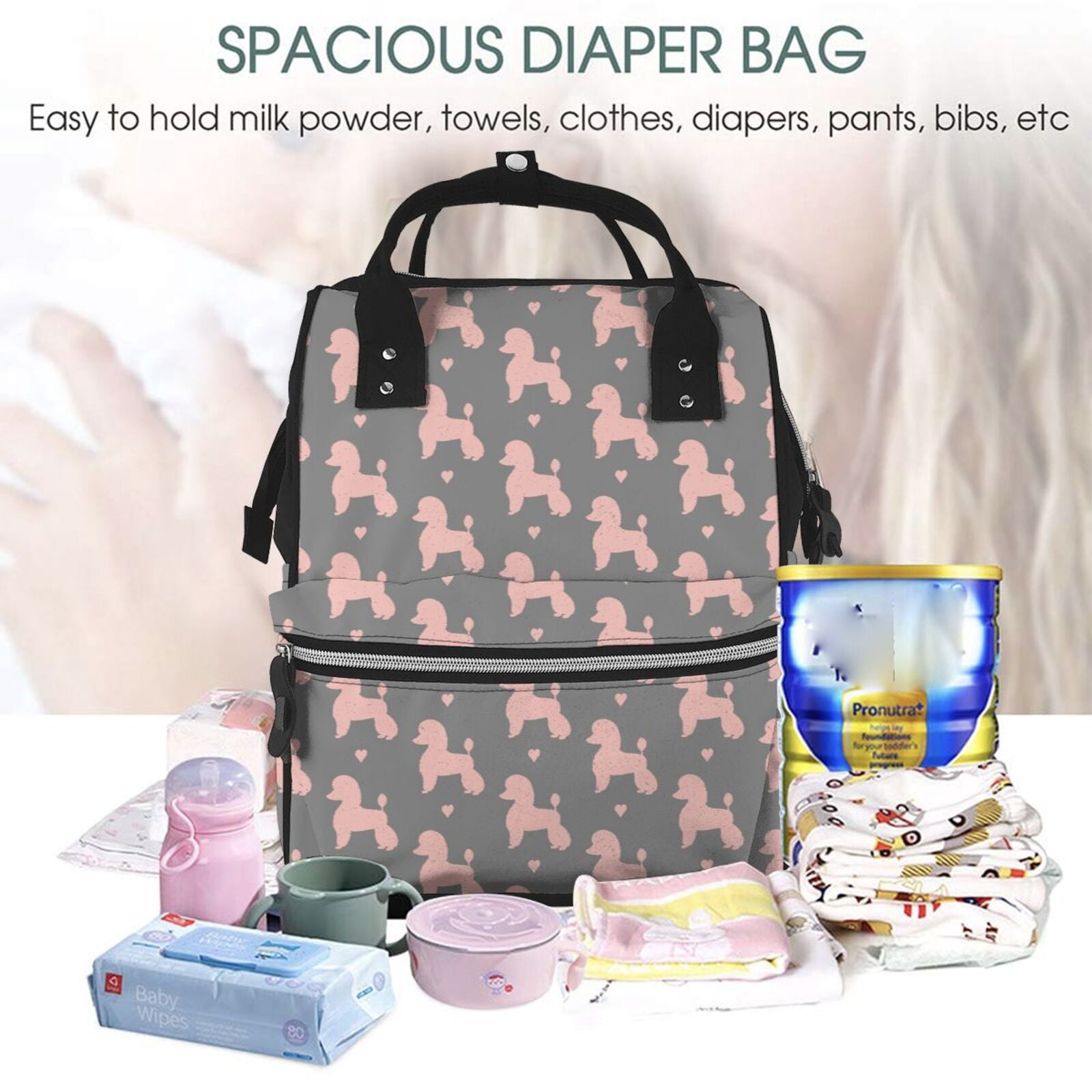 Ratiio Poodle Dog Mummy Backpack - Waterproof Twill Canvas, Large Capacity Diaper Bag with Multiple Pockets and Adjustable Straps