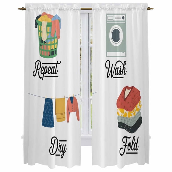 Laundry Room Kitchen Curtain for Berdoom Living Room Cafe 72 Inch Length, Wash Repeat Dry Fold Simple Drawn Tiers Curtains Light Filtering Drapes Rod Pocket Window Treatment 2 Panels 52"Wx72"L