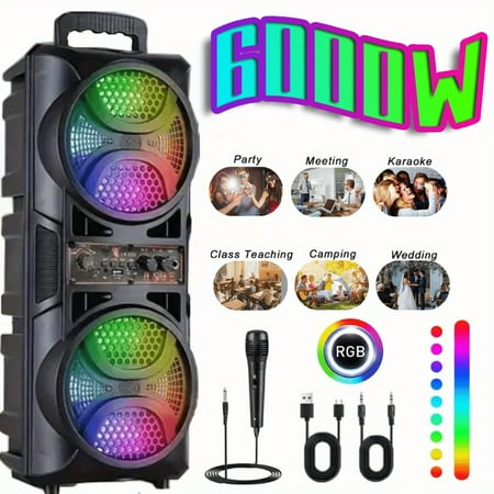6000W Portable PA Speaker System with Dual 6.5" Subwoofers, Wired Mic & RGB Lights - for DJ, Party, Wedding, Karaoke, Home Theater