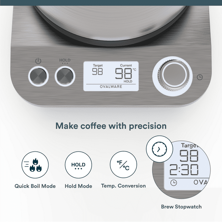 Ovalware Electric Pour Over Gooseneck Kettle 0.8l, Variable Temperature Control, Quick Boil, Smart Automatic Shutoff, Stainless Steel, Fast Hot