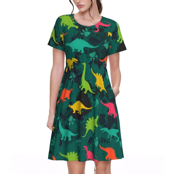 Disketp Colorful Dinosaurs para Vestido de Manga Corta para Mujeres, Vestidos de Verano para Mujeres, Casual y Holgado para la Playa