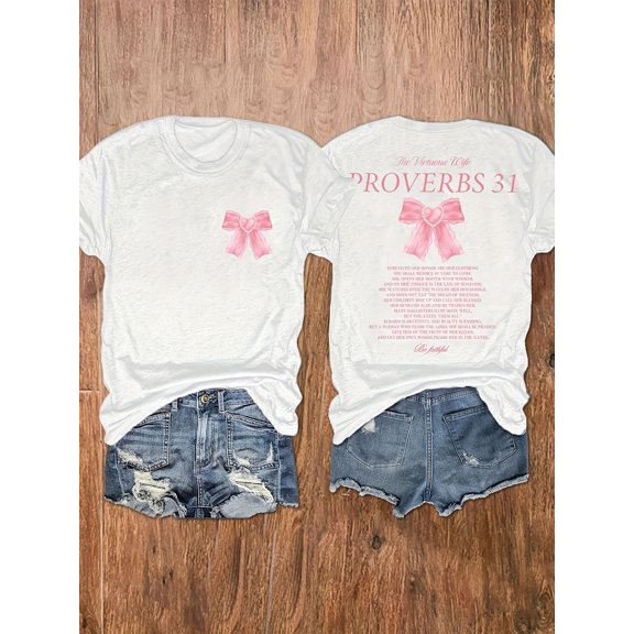 Women Double Sided Proverbs 31 The Virtuous Wife Pink Bow Graphic T-Shirt Christian Faith Inspirational Scripture Casual Short Sleeve Tee