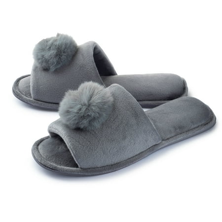 

Joan Vass Slippers Coral Velvet Faux Fur Open Toe Slid Slipper With Cute Cozy Pompoms