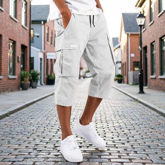 CQONEPT Mens Capri Cargo Pants Elastic Waist Drawstring Pant Stretch Straight Fit Trousers with Multi Pockets Silver S
