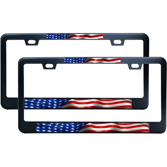 2PC American Flag Patriotic License Plate Frame for Women/Men, Black Stainless Steel Car Tag Frame, 6"x12" 2 Holes & Screws Fits Standard US/CA