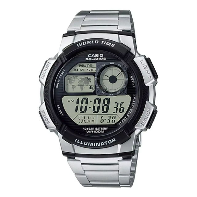 Reloj pulsera digital Casio AE-1000WD-1A con correa de acero inoxidable color plateado - fondo negro