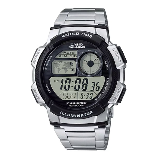 Reloj pulsera digital Casio AE-1000WD-1A con correa de acero inoxidable color plateado - fondo negro