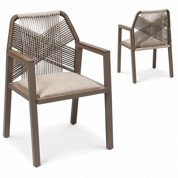 Outdoor Dining Arm Chair Set of 2, Aluminum Frame with Armrest, All-Weather Woven Rope Chair Design -Taupe/Sandstorm