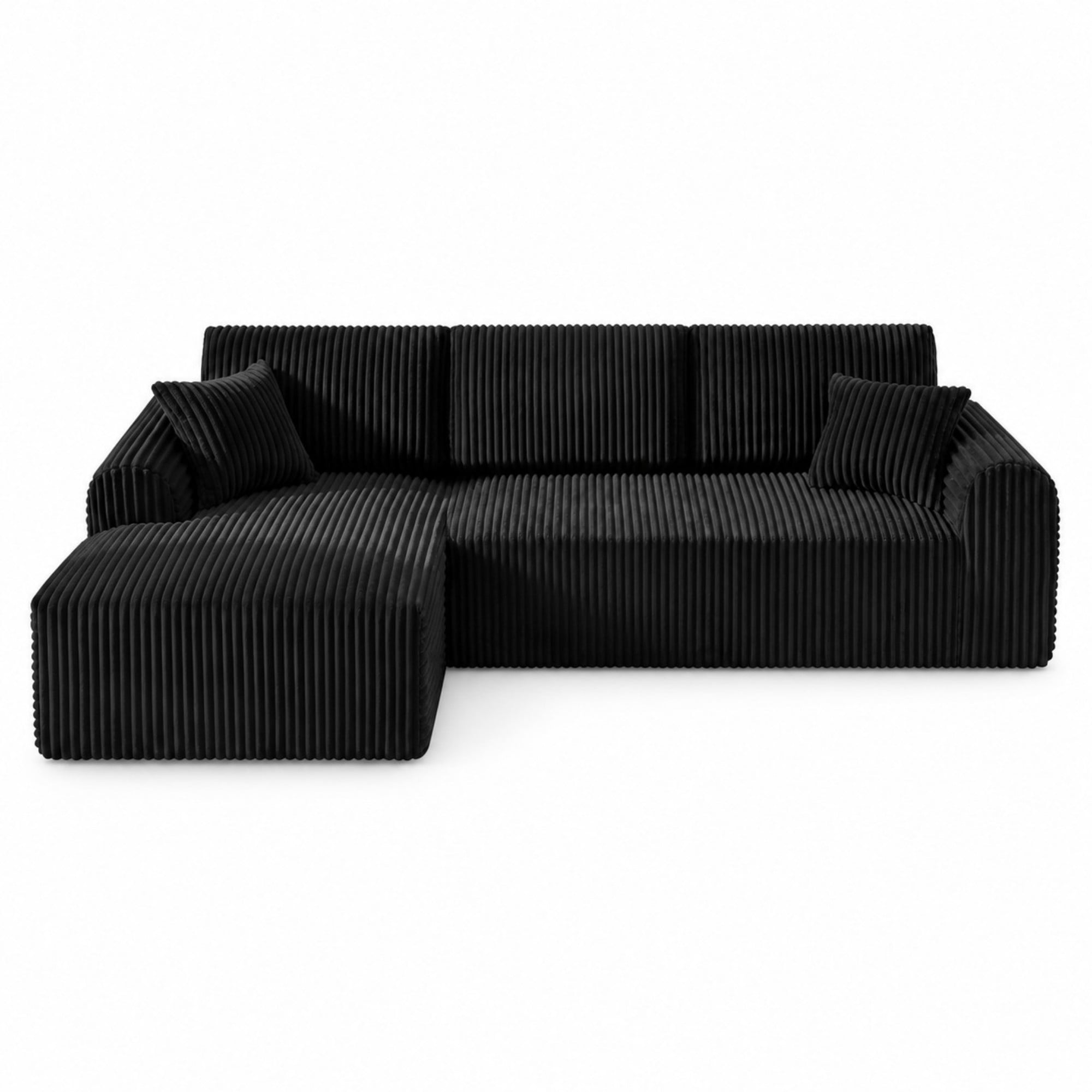 DEALTOPS 109" Corduroy L-Shape Floor Cloud Couch, Deep Seat Modular Sectional Sofa, Left Chaise, Black