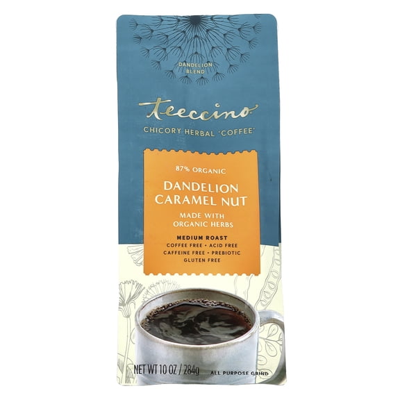 Teeccino Dandelion Caramel Nut Herbal Coffee - Coffee Alternative with Prebiotics, Medium Roast, 10 oz