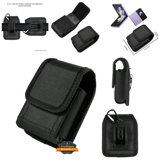 For Galaxy Z Flip / Z Flip 3 / Z Flip 5G / Z Flip 4 Universal Extra Small Pouch Case Vertical Phone Holster Nylon Pouch Cover with Belt Clip Loop, Velcro & Hook Carabiner - Black