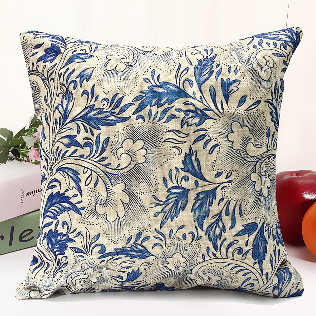 Vintage Oriental Blue Floral Decorative Throw Pillow Case Cushion